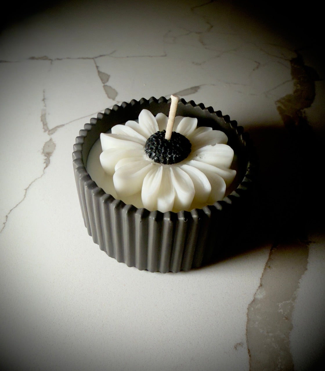 Handmade Jesmonite Jar - Black | Organic Soy Candle | B&W Daisy